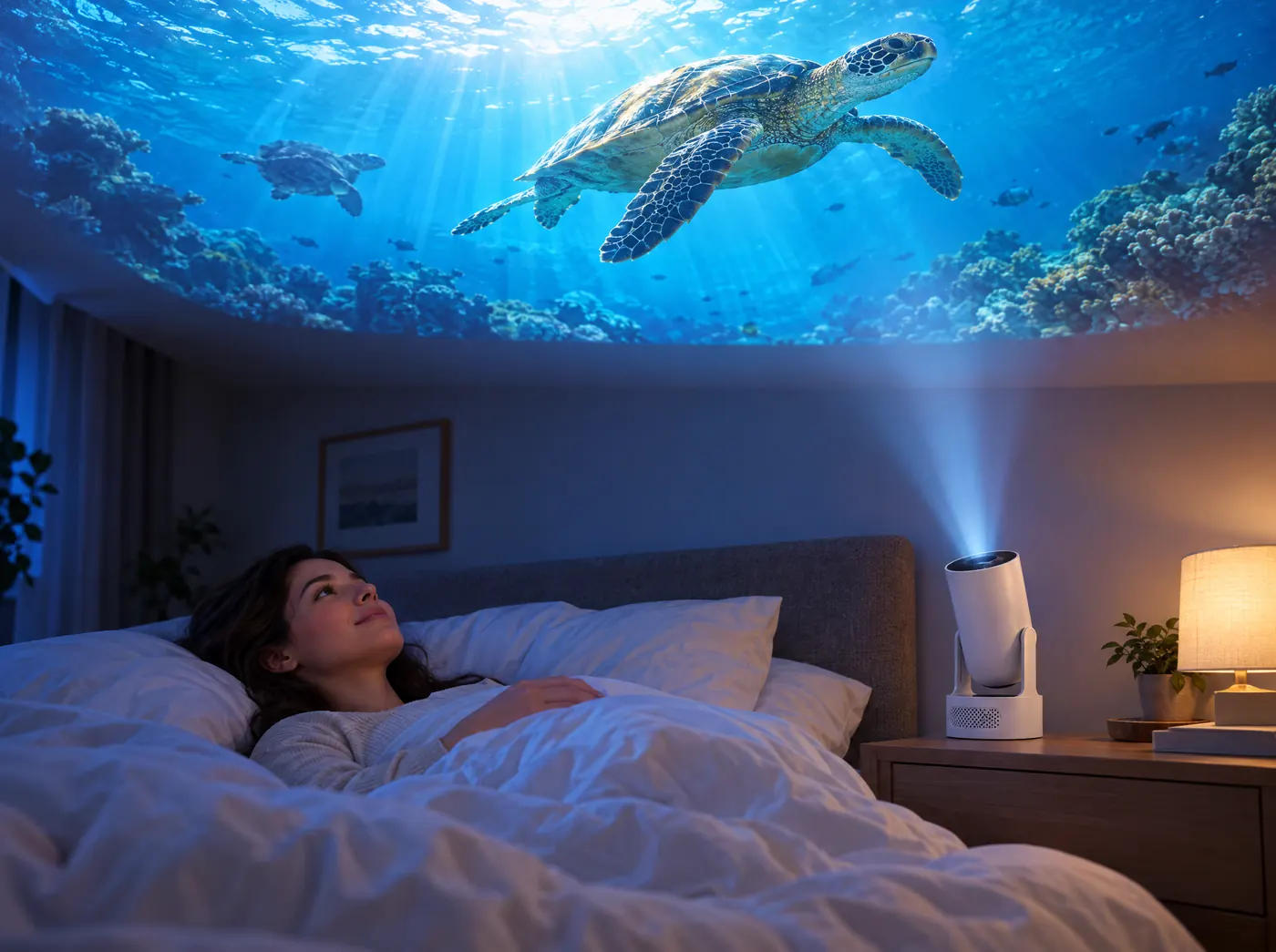 Une femme allongée dans son lit regarde un film projeté au plafond