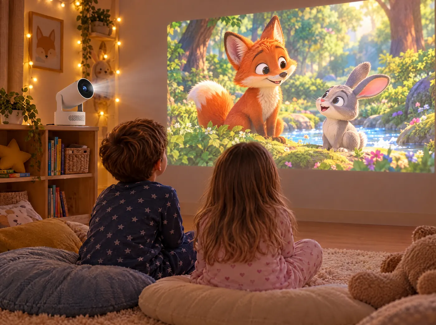 Deux enfants en pyjama regardent un dessin animé projeté sur le mur de leur chambre