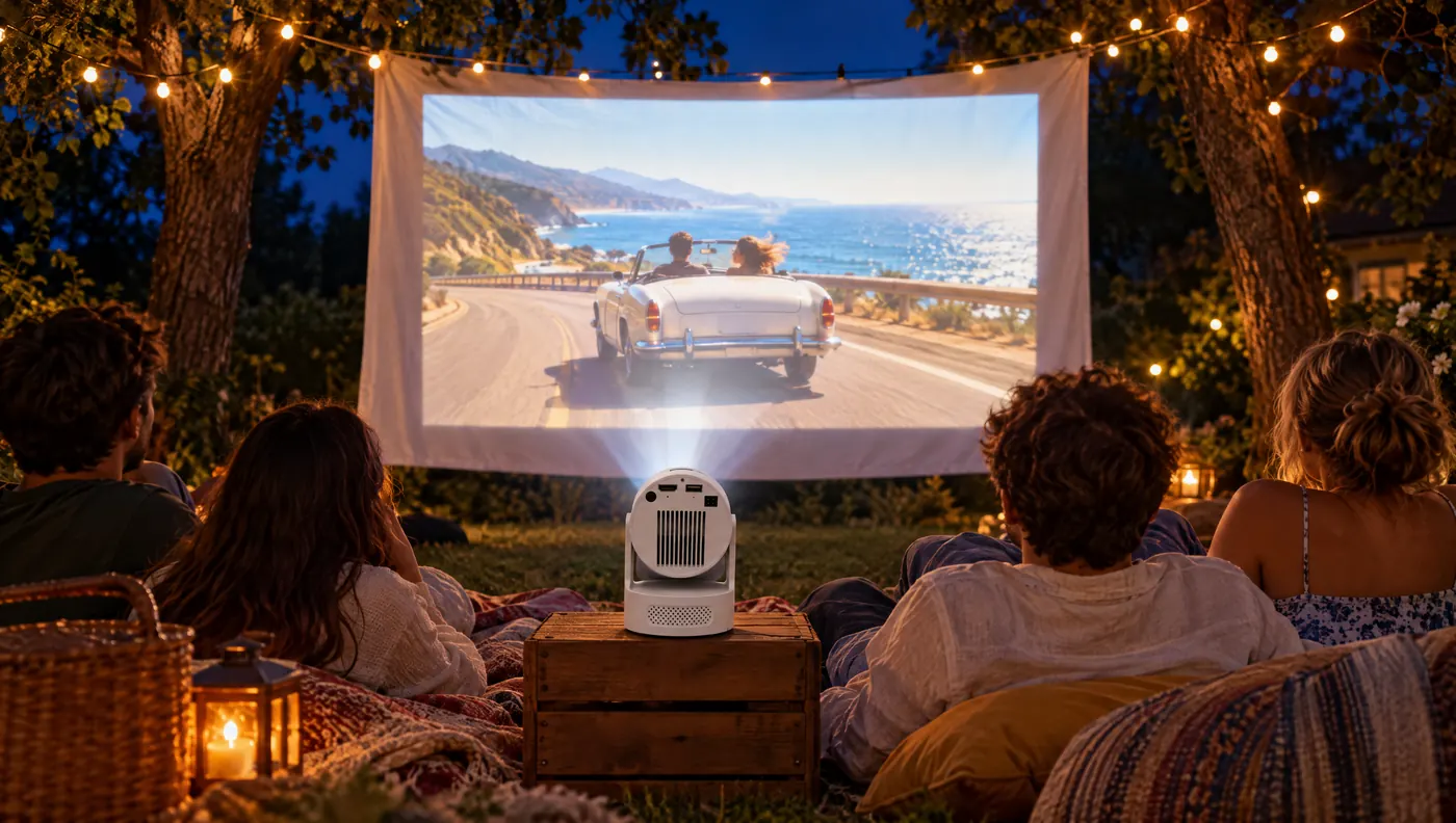 Soirée cinéma dans un jardin, un film projeté sur un drap tendu entre deux arbres