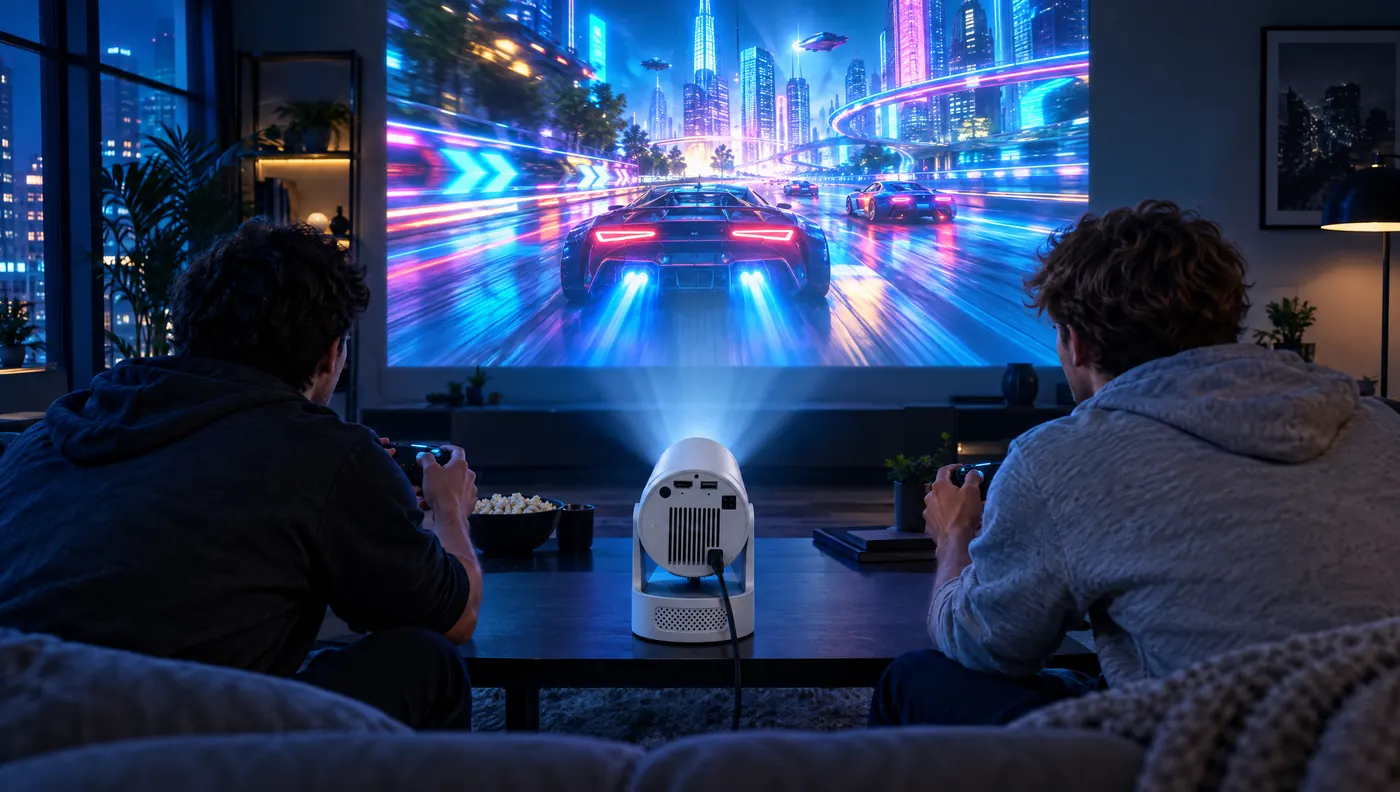 Deux amis jouent à un jeu de course projeté en grand sur le mur du salon