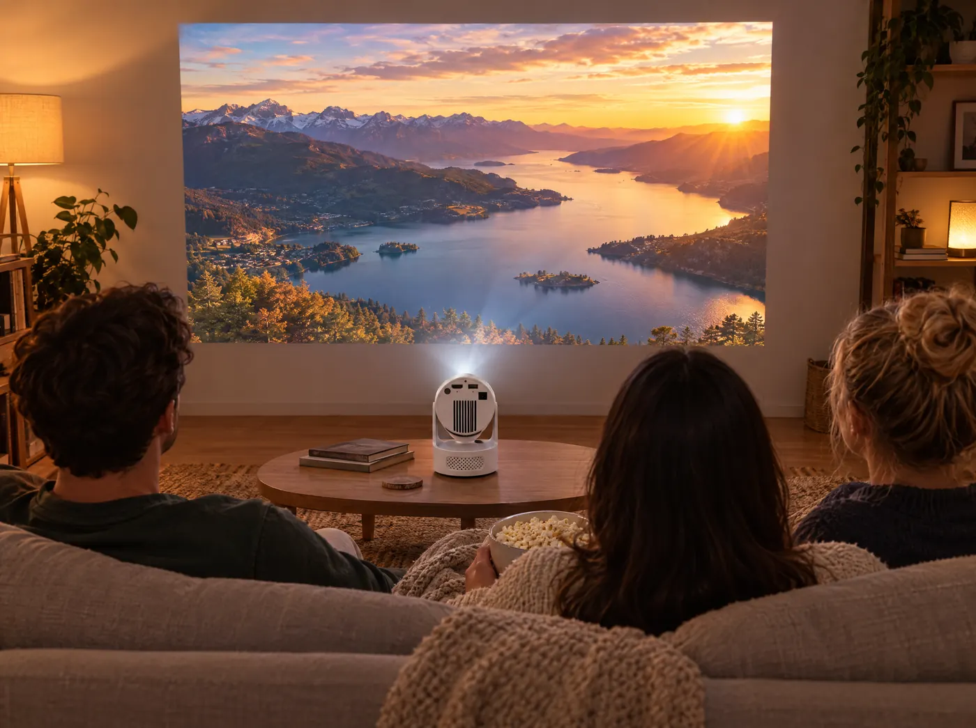 Des amis sur un canapé regardent un grand paysage projeté au mur par le vidéoprojecteur posé sur la table basse